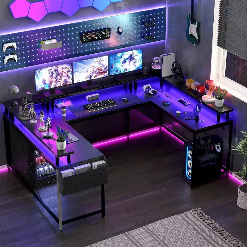 U Shaped Computer Gaming Desk,with LED Lights & Power Outlets,Corner Computer Desk with Storage Shelves,for Home Office
