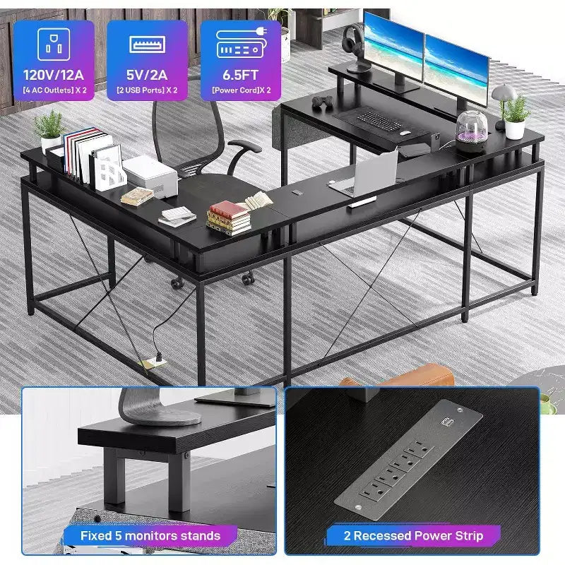 U Shaped Computer Gaming Desk,with LED Lights & Power Outlets,Corner Computer Desk with Storage Shelves,for Home Office