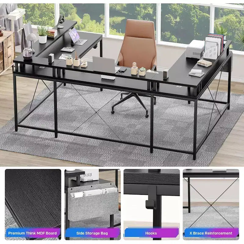 U Shaped Computer Gaming Desk,with LED Lights & Power Outlets,Corner Computer Desk with Storage Shelves,for Home Office