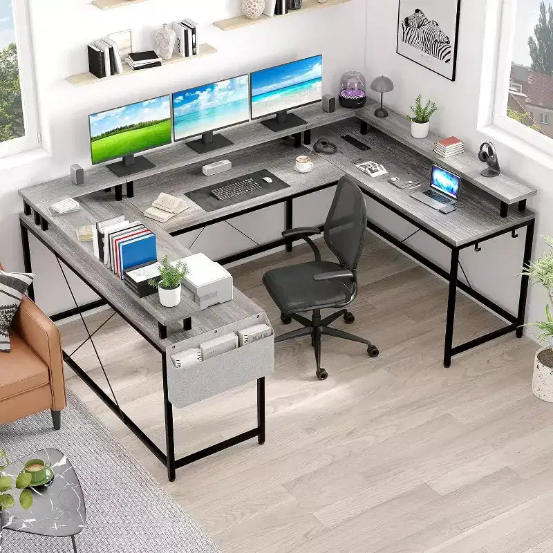 U Shaped Computer Gaming Desk,with LED Lights & Power Outlets,Corner Computer Desk with Storage Shelves,for Home Office