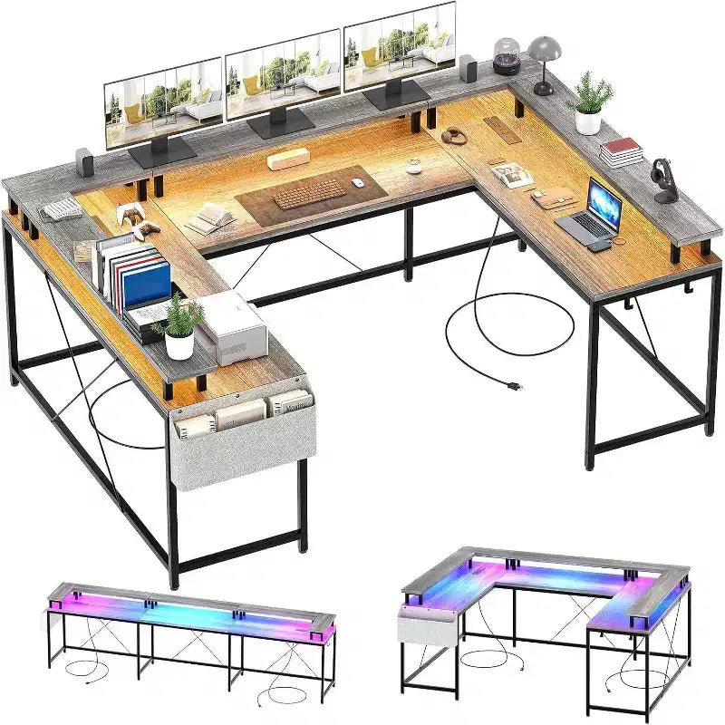 U Shaped Computer Gaming Desk,with LED Lights & Power Outlets,Corner Computer Desk with Storage Shelves,for Home Office