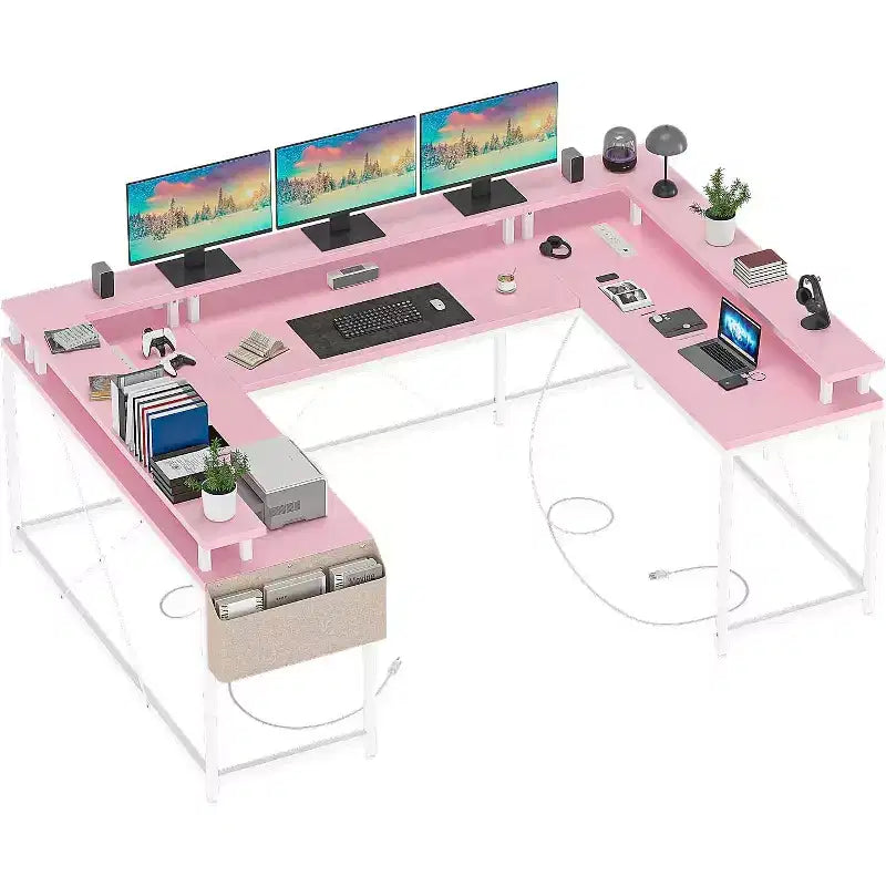 U Shaped Computer Gaming Desk,with LED Lights & Power Outlets,Corner Computer Desk with Storage Shelves,for Home Office