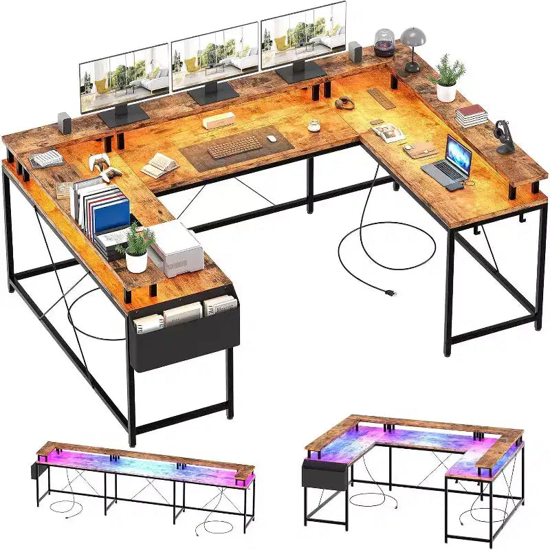 U Shaped Computer Gaming Desk,with LED Lights & Power Outlets,Corner Computer Desk with Storage Shelves,for Home Office