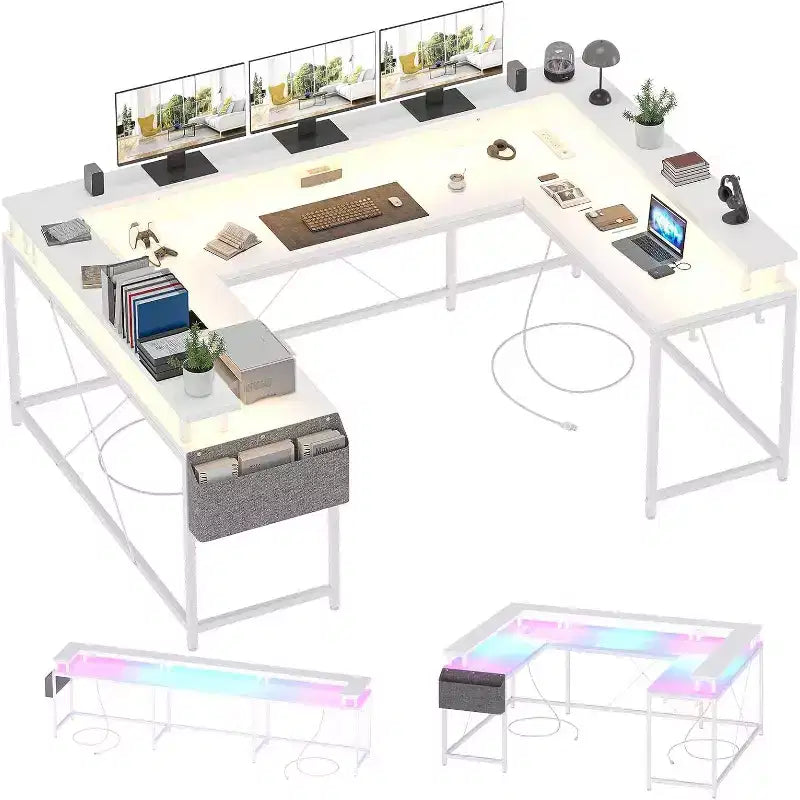 U Shaped Computer Gaming Desk,with LED Lights & Power Outlets,Corner Computer Desk with Storage Shelves,for Home Office