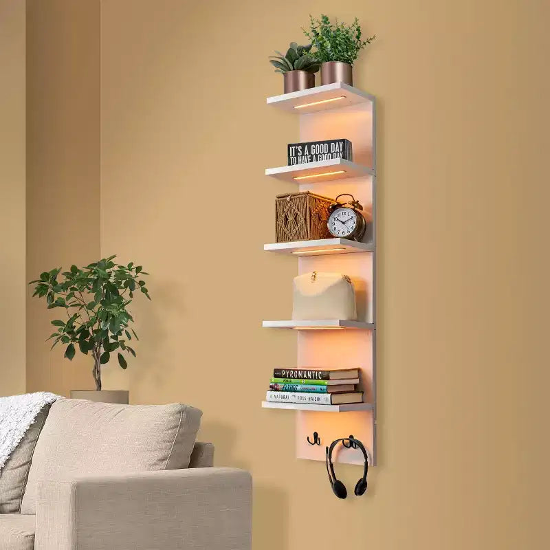 5 Tier Wall Mounted Floating Shelf Unit with LED Lights