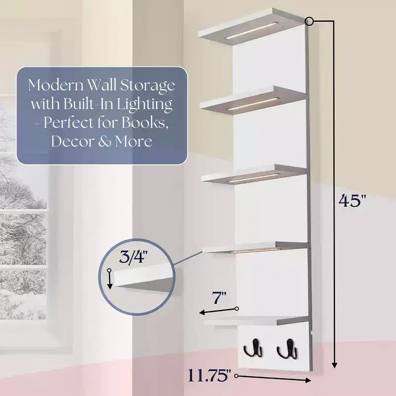5 Tier Wall Mounted Floating Shelf Unit with LED Lights
