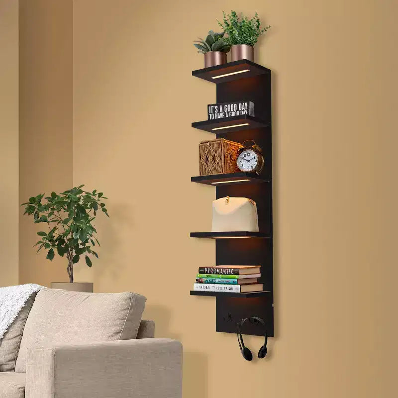5 Tier Wall Mounted Floating Shelf Unit with LED Lights