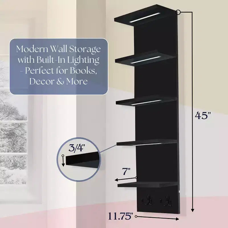 5 Tier Wall Mounted Floating Shelf Unit with LED Lights