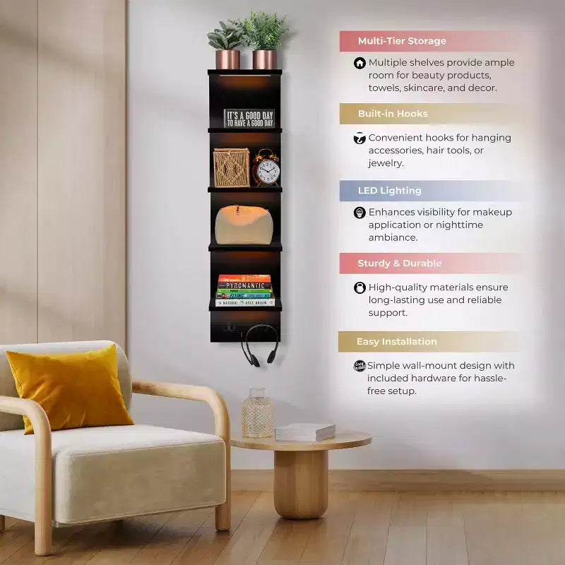 5 Tier Wall Mounted Floating Shelf Unit with LED Lights
