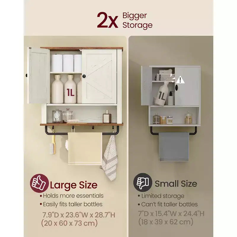 Farmhouse Wall-Mounted Medicine Cabinet with 2 Barn Doors, Adjustable Shelf, Towel Bar & Hooks, 7.9 x 23.6 x 28.7, Rustic White
