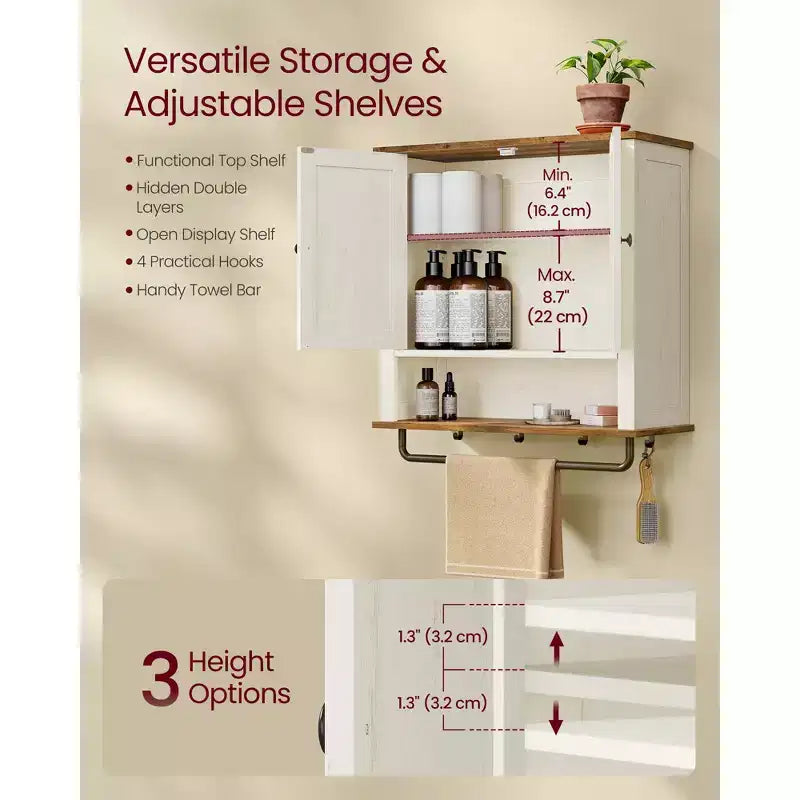 Farmhouse Wall-Mounted Medicine Cabinet with 2 Barn Doors, Adjustable Shelf, Towel Bar & Hooks, 7.9 x 23.6 x 28.7, Rustic White