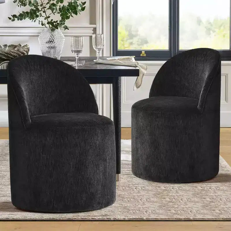 Set of 2 Modern Chenille Upholstered Dining Chairs with Wheels and Curved Barrel Back