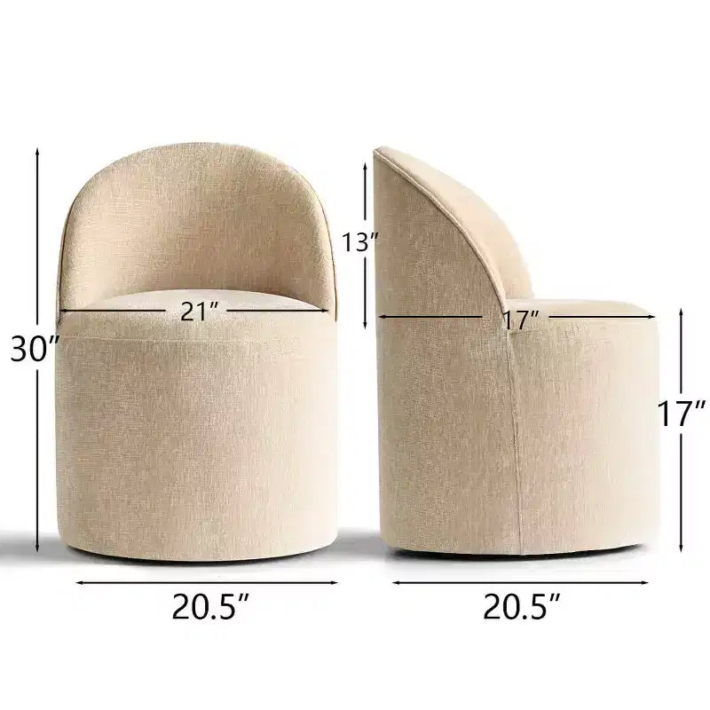 Set of 2 Modern Chenille Upholstered Dining Chairs with Wheels and Curved Barrel Back