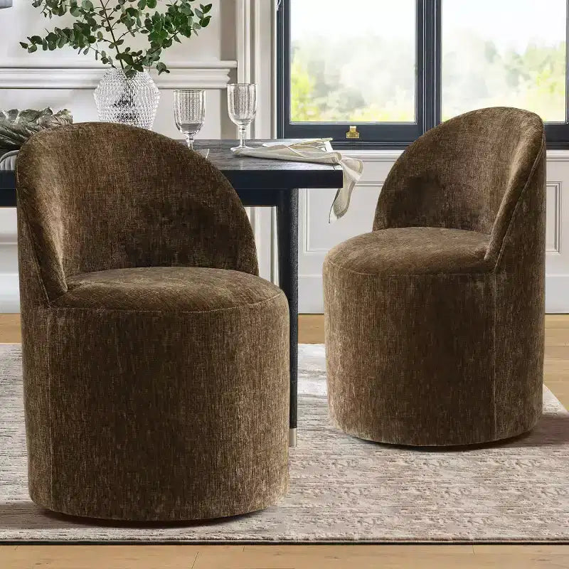 Set of 2 Modern Chenille Upholstered Dining Chairs with Wheels and Curved Barrel Back