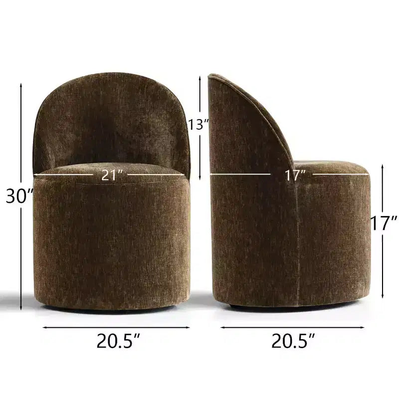 Set of 2 Modern Chenille Upholstered Dining Chairs with Wheels and Curved Barrel Back