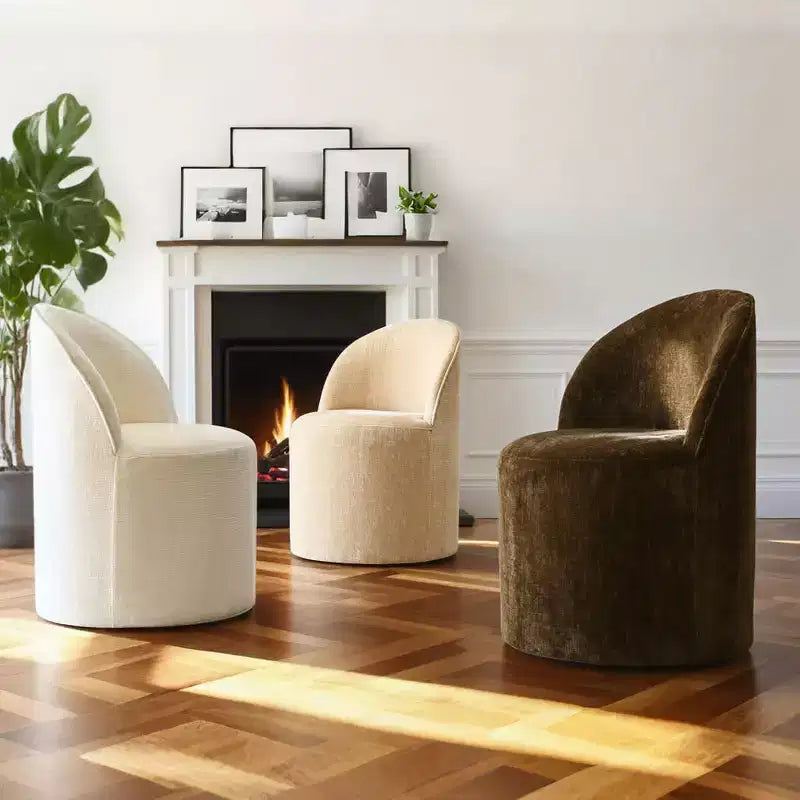 Set of 2 Modern Chenille Upholstered Dining Chairs with Wheels and Curved Barrel Back