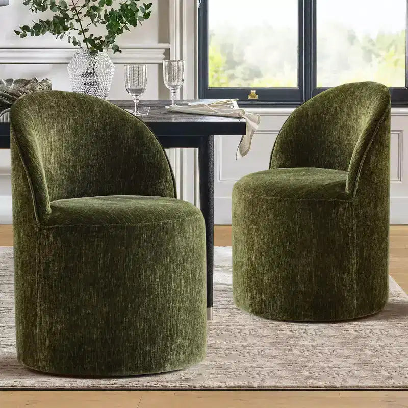 Set of 2 Modern Chenille Upholstered Dining Chairs with Wheels and Curved Barrel Back