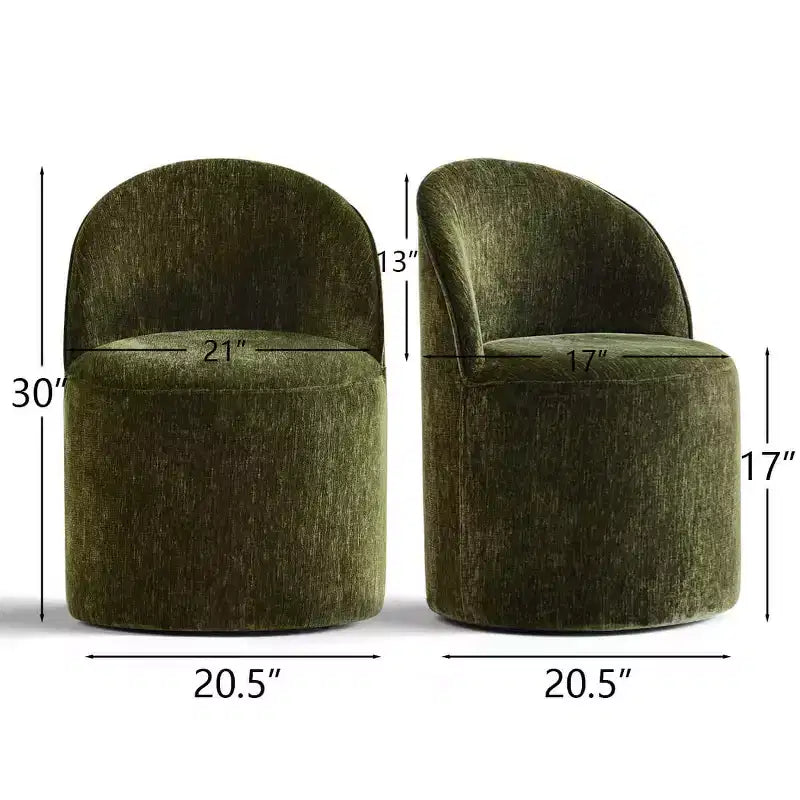 Set of 2 Modern Chenille Upholstered Dining Chairs with Wheels and Curved Barrel Back