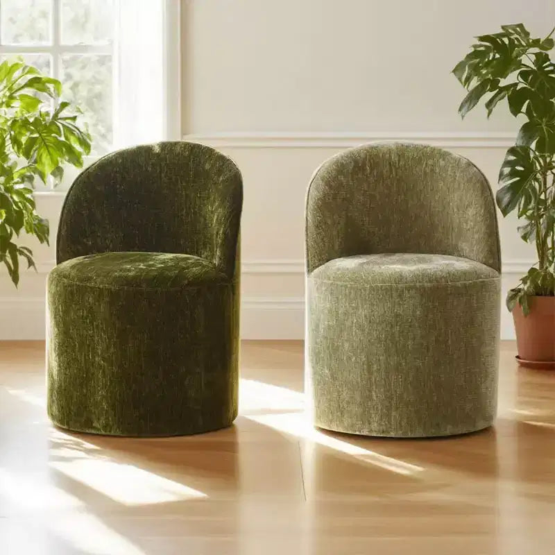 Set of 2 Modern Chenille Upholstered Dining Chairs with Wheels and Curved Barrel Back