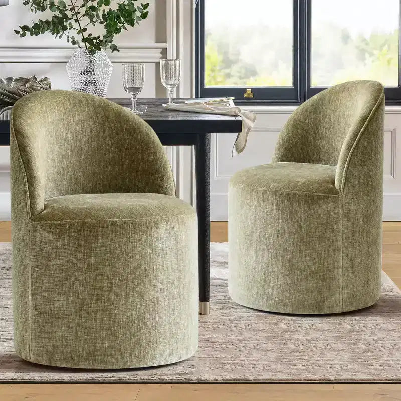 Set of 2 Modern Chenille Upholstered Dining Chairs with Wheels and Curved Barrel Back