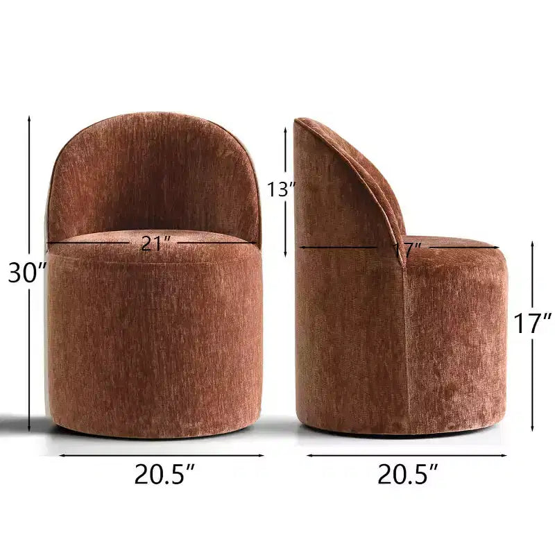 Set of 2 Modern Chenille Upholstered Dining Chairs with Wheels and Curved Barrel Back