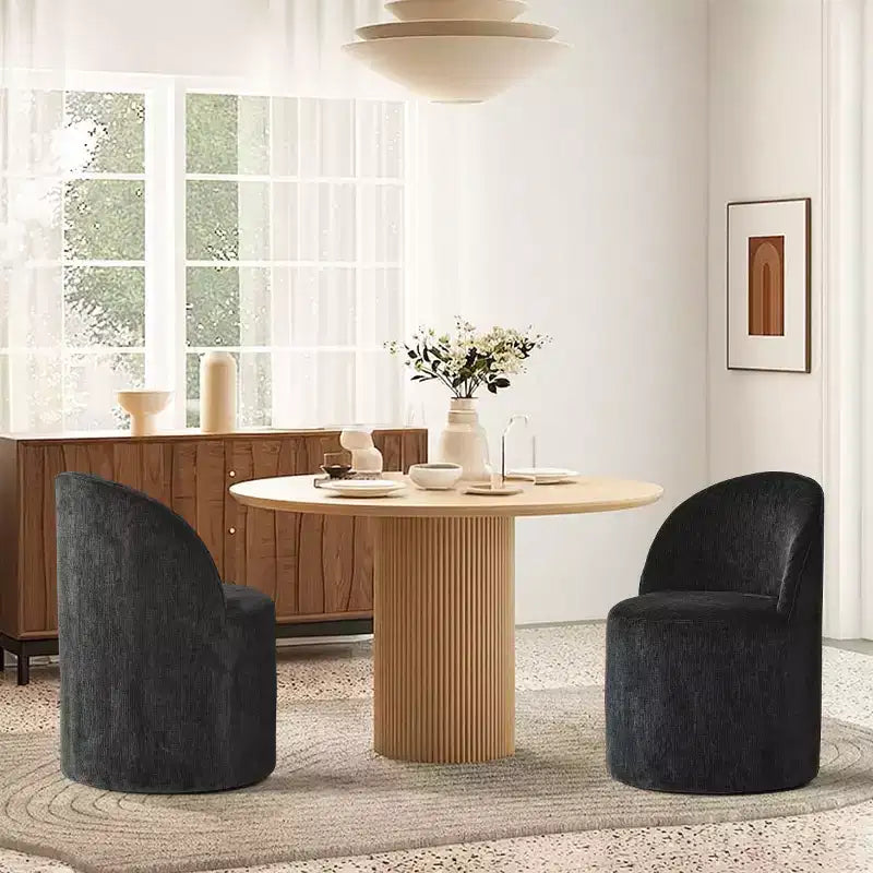 Set of 2 Modern Chenille Upholstered Dining Chairs with Wheels and Curved Barrel Back