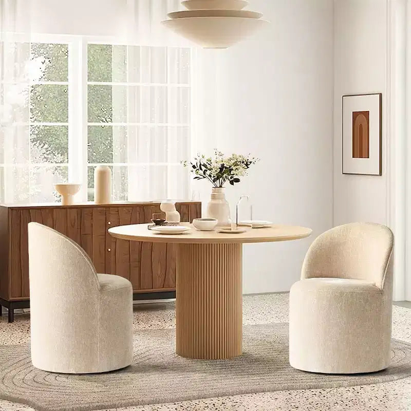 Set of 2 Modern Chenille Upholstered Dining Chairs with Wheels and Curved Barrel Back