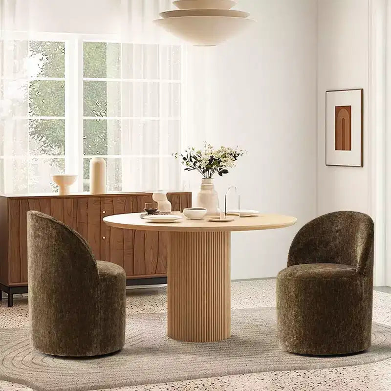 Set of 2 Modern Chenille Upholstered Dining Chairs with Wheels and Curved Barrel Back