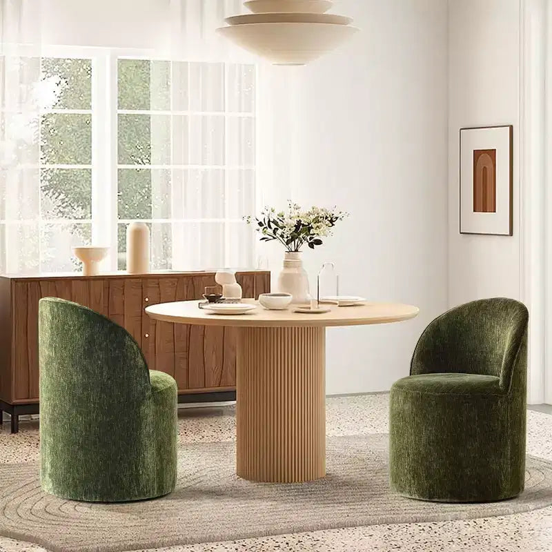 Set of 2 Modern Chenille Upholstered Dining Chairs with Wheels and Curved Barrel Back