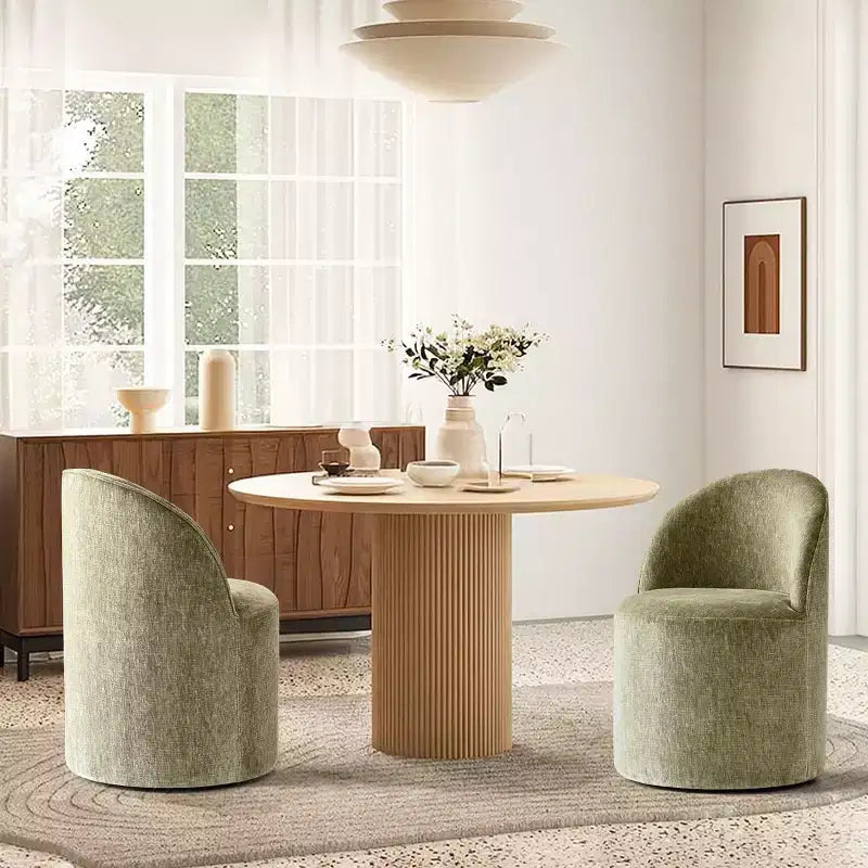 Set of 2 Modern Chenille Upholstered Dining Chairs with Wheels and Curved Barrel Back