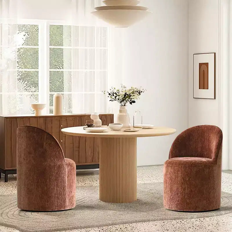 Set of 2 Modern Chenille Upholstered Dining Chairs with Wheels and Curved Barrel Back