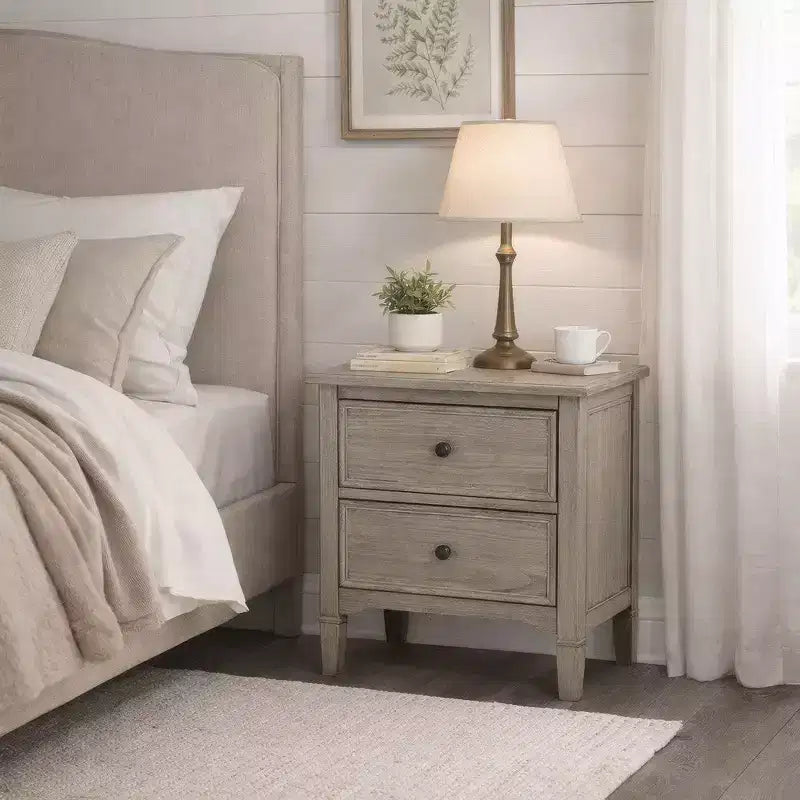 2 Drawer Wooden Nightstand with Round Knobs, Gray