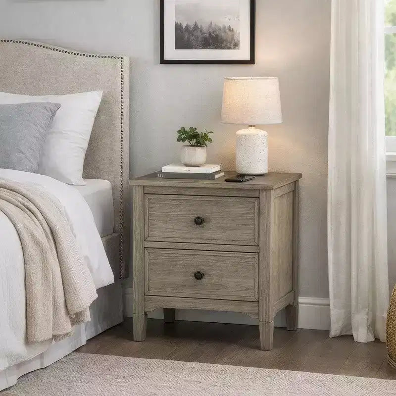 2 Drawer Wooden Nightstand with Round Knobs, Gray