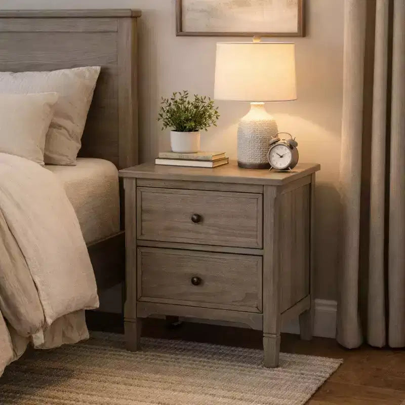 2 Drawer Wooden Nightstand with Round Knobs, Gray