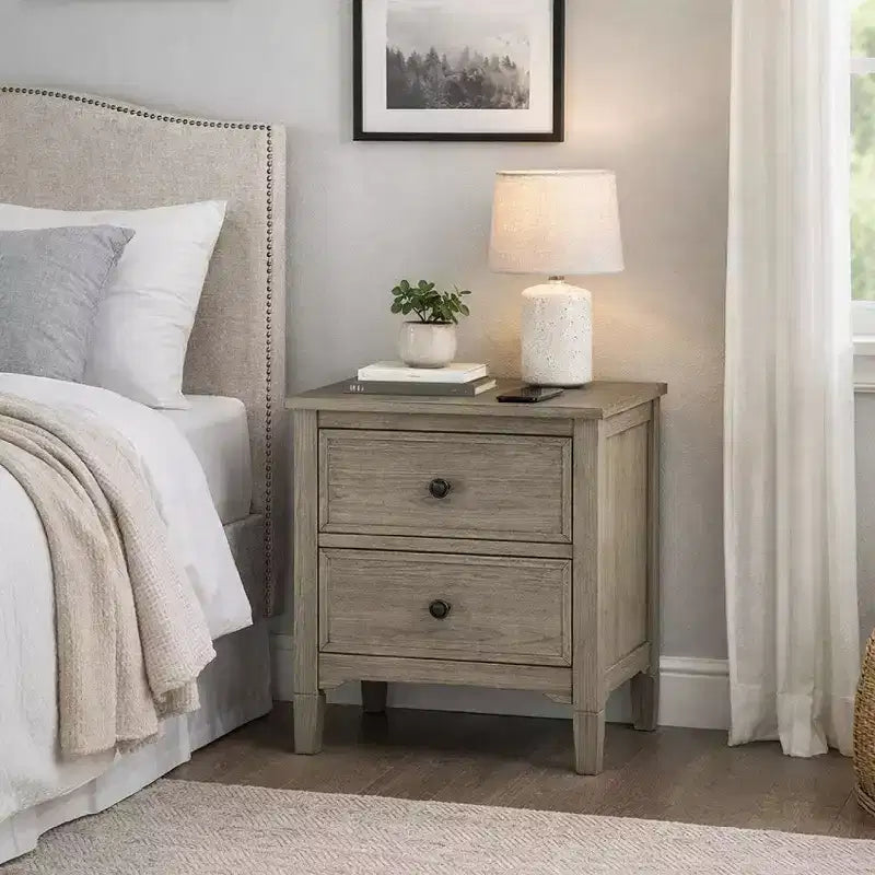 2 Drawer Wooden Nightstand with Round Knobs, Gray
