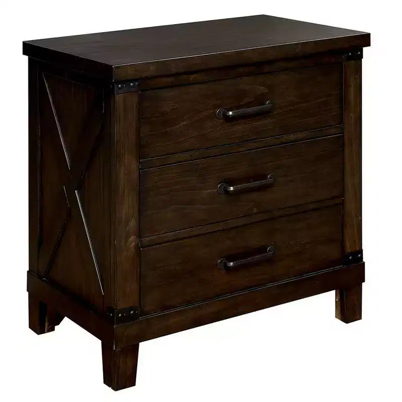 3 Drawer Nightstand with Metal Handle And Crossed Planked Side Panels, Brown