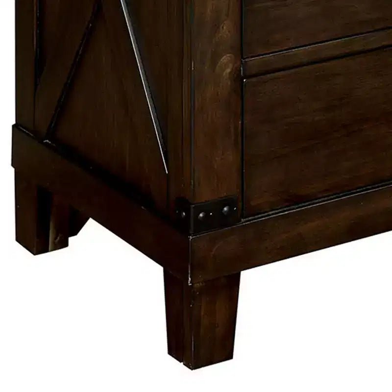 3 Drawer Nightstand with Metal Handle And Crossed Planked Side Panels, Brown