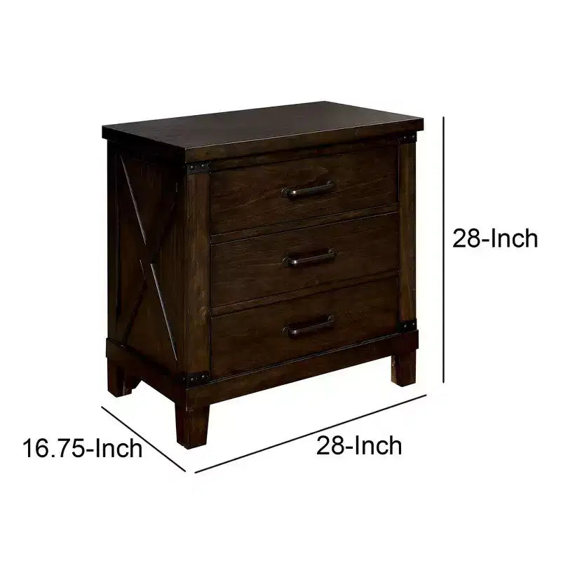 3 Drawer Nightstand with Metal Handle And Crossed Planked Side Panels, Brown