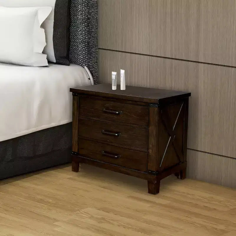 3 Drawer Nightstand with Metal Handle And Crossed Planked Side Panels, Brown
