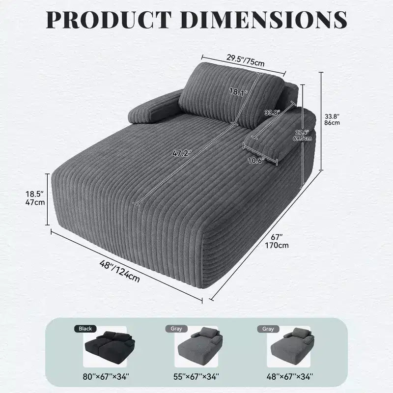 48-Inch Oversized Corduroy Chaise Lounge Chair, Indoor Boneless Sofa Bed, Grey