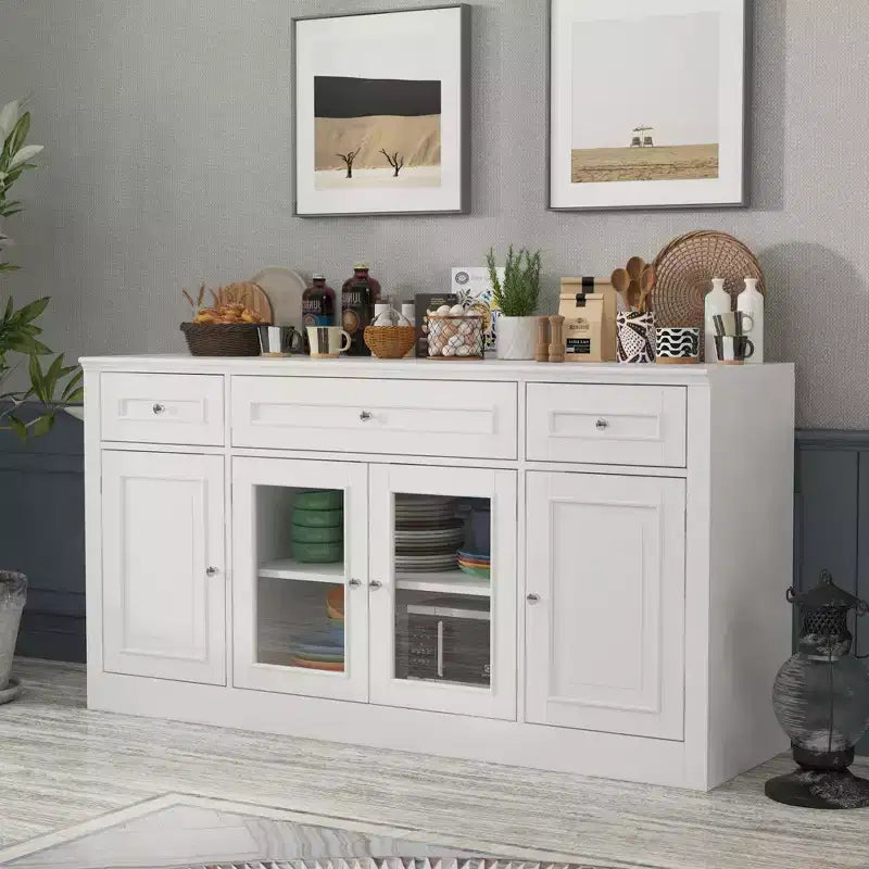 Dining Buffet Sideboard with 3 Drawers and 4 Glass Doors, Kitchen and Dining Room Pantry Cabinet