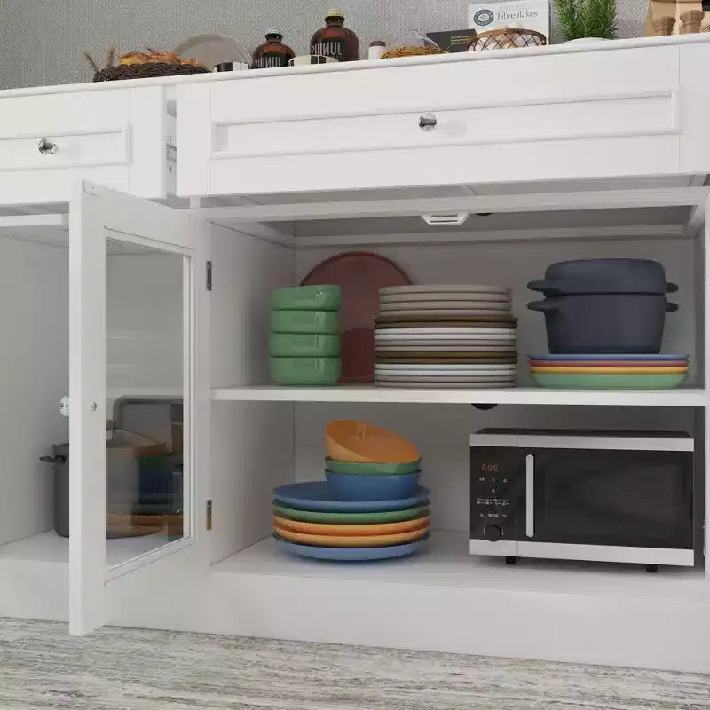 Dining Buffet Sideboard with 3 Drawers and 4 Glass Doors, Kitchen and Dining Room Pantry Cabinet