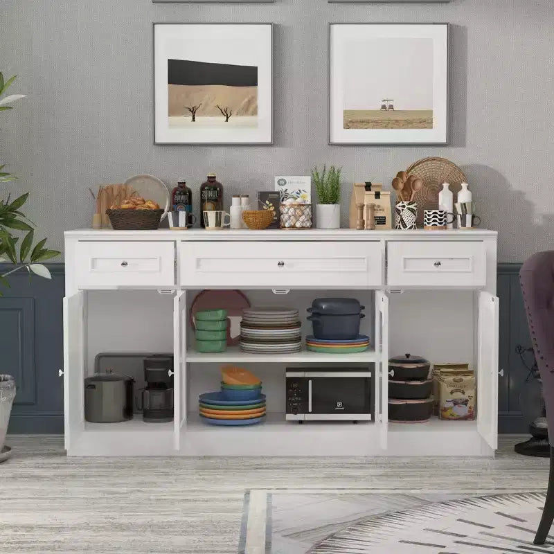 Dining Buffet Sideboard with 3 Drawers and 4 Glass Doors, Kitchen and Dining Room Pantry Cabinet