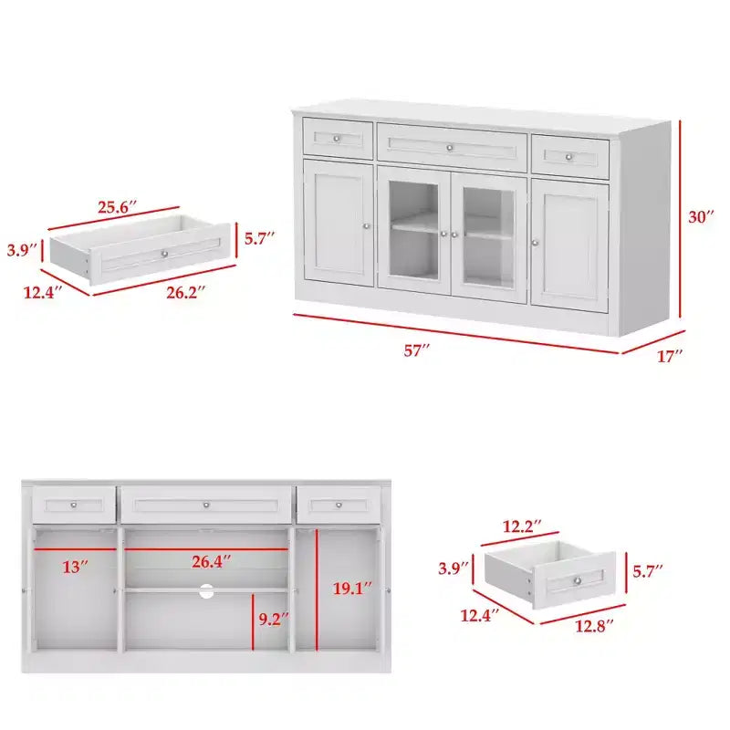 Dining Buffet Sideboard with 3 Drawers and 4 Glass Doors, Kitchen and Dining Room Pantry Cabinet