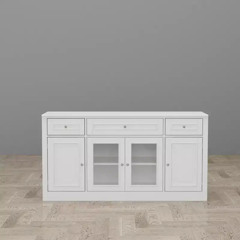 Dining Buffet Sideboard with 3 Drawers and 4 Glass Doors, Kitchen and Dining Room Pantry Cabinet