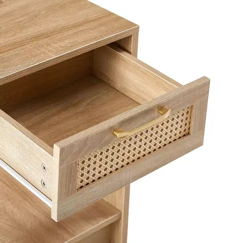 Nightstand with Rattan Drawer and Open Shelf, Bedside Table