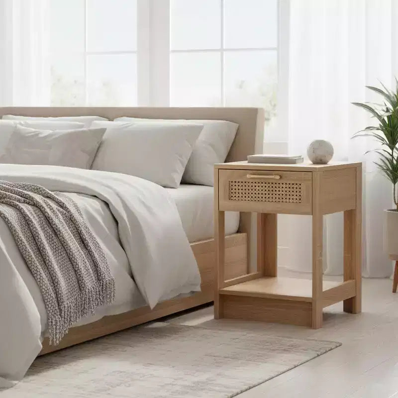 Nightstand with Rattan Drawer and Open Shelf, Bedside Table