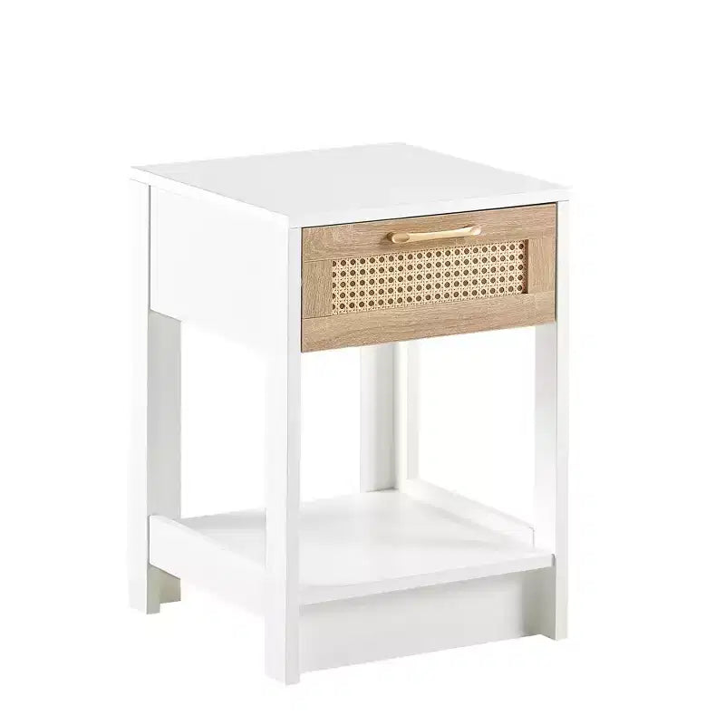 Nightstand with Rattan Drawer and Open Shelf, Bedside Table
