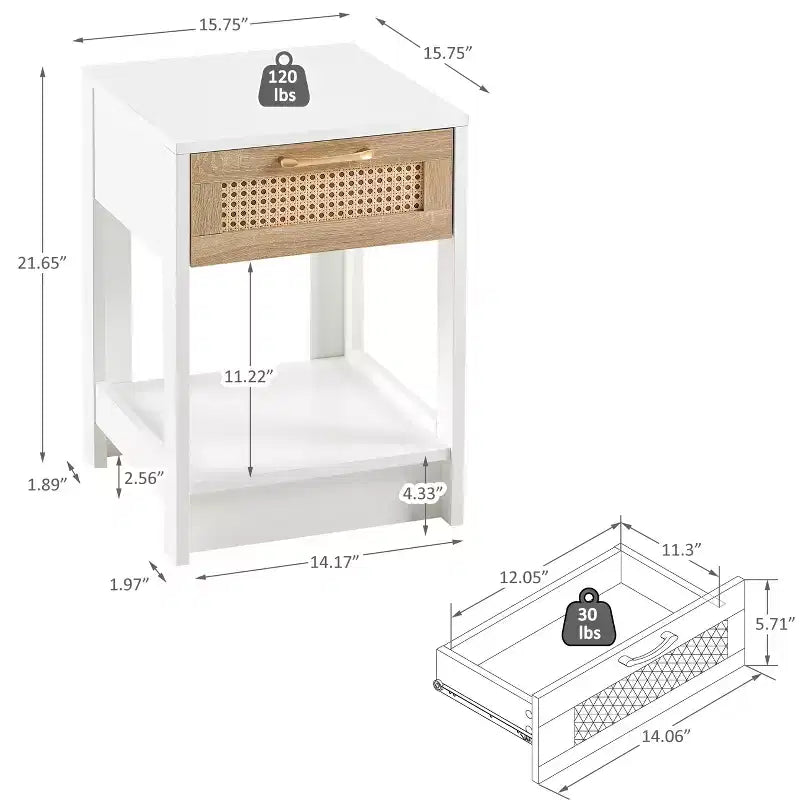 Nightstand with Rattan Drawer and Open Shelf, Bedside Table