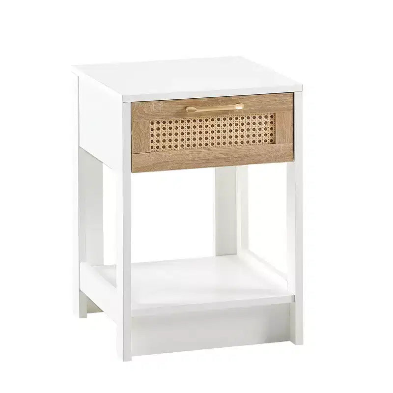 Nightstand with Rattan Drawer and Open Shelf, Bedside Table